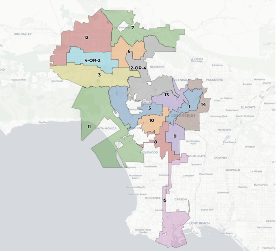 A color-coded map shows the proposed new boundaries for LA's city council districts