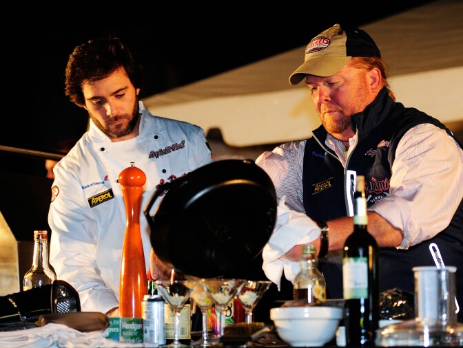 FORT WORTH, TX - NOVEMBER 06:  Celebrity chef Mario Batali (R) and Jimmie Johnson (L), driver of the #48 Lowe's Chevrolet, attend the Asphalt Chef Charity Bash at Texas Motor Speedway on November 6, 2010 in Fort Worth, Texas.  (Photo by Robert Laberge/Getty Images for Texas Motor Speedway) *** Local Caption *** Mario Batali;Jimmie Johnson