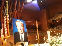 A photo of Warren Christopher sits on stage at Disney Hall, where hundreds of people gathered to pay respects to the former secretary of state and "leading citizen."