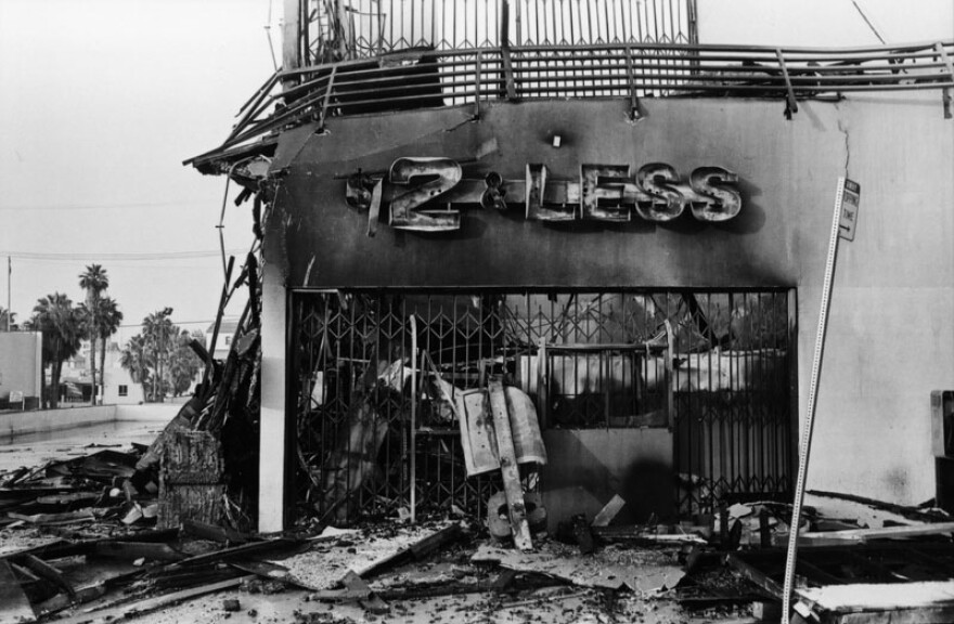 A $2 or Less store, destroyed by fire during the LA Riots of 1992. 