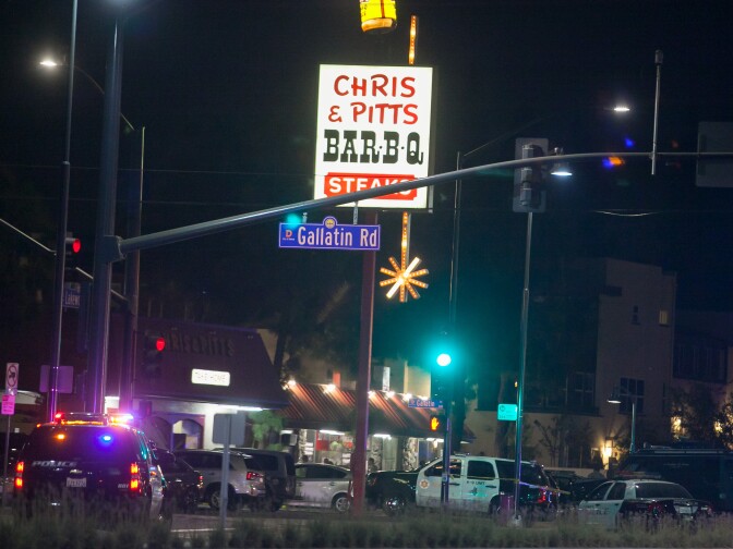 Chris & Pitts restaurant in Downey, where a suspect was shot and killed by deputies after a vehicle pursuit on Thursday, Sept. 10, 2015.