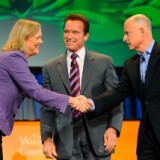 California Gov. Arnold Schwarzenegger joins California Republican gubernatorial candidate and former eBay CEO Meg Whitman and California Attorney General and Democratic gubernatorial candidate Jerry Brown during a discussion moderated by 'Today' show host Matt Lauer during the Women's Conference 2010 on October 26, 2010 at the Long Beach Convention Center in Long Beach, California.
