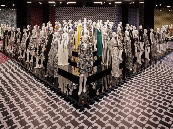A view inside the "Journey of a Dress" exhibition honoring the 40th anniversary of Diane Von Furstenberg's wrap dress.