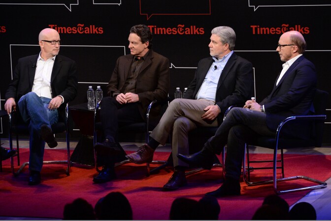 (L-R) Alex Gibney, Lawrence Wright, Mike Rinder and Paul Haggis attend TimesTalks Presents An Evening With "Going Clear: Scientology and the Prison of Belief" at The Times Center on March 2, 2015, in New York City.  