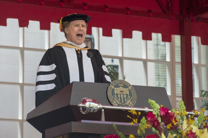 Will Ferrell sings "I Will Always Love You" at the end of his commencement speech at the 134th Commencement at the University of Southern California held at Alumni Memorial Park in Los Angeles, March 24, 2017. 