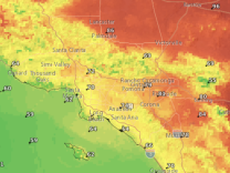 A map of Southern California is colored in shades of green, yellow and orange. It is superimposed with names of SoCal cities and numbers ranging from the high 50's to mid 80's, indicating daytime highs for the region.