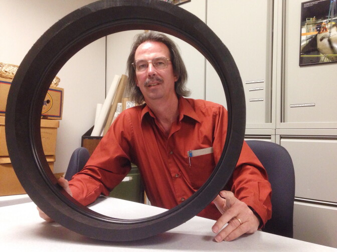 LADWP engineer Craig Davis with a section of a high-density polyethylene pipe. This pipe is flexible and when welded correctly can survive large offsets and still transport water. It's one of the tools LADWP plans to use to shore up its aqueducts.