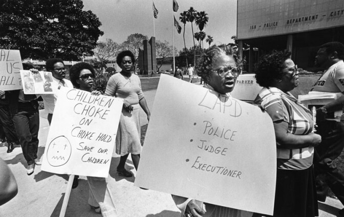 Approximately 50 people protested police use of "chokehold" in front of Parker Center on April 28, 1982. 
