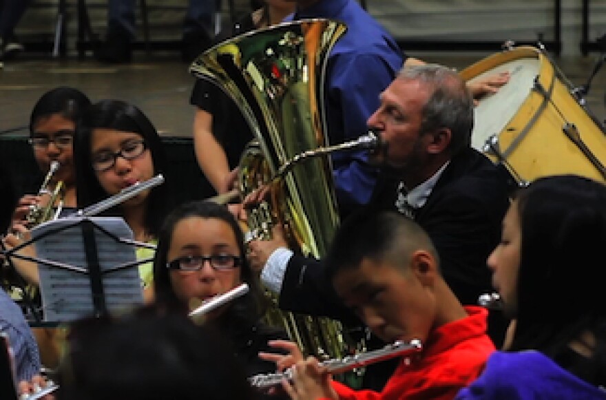 Richard Schermer plays the tuba with intermediate band students during an end-of-the-year concenrt at Nogales High School in Rowland Heights on June2, 2011.