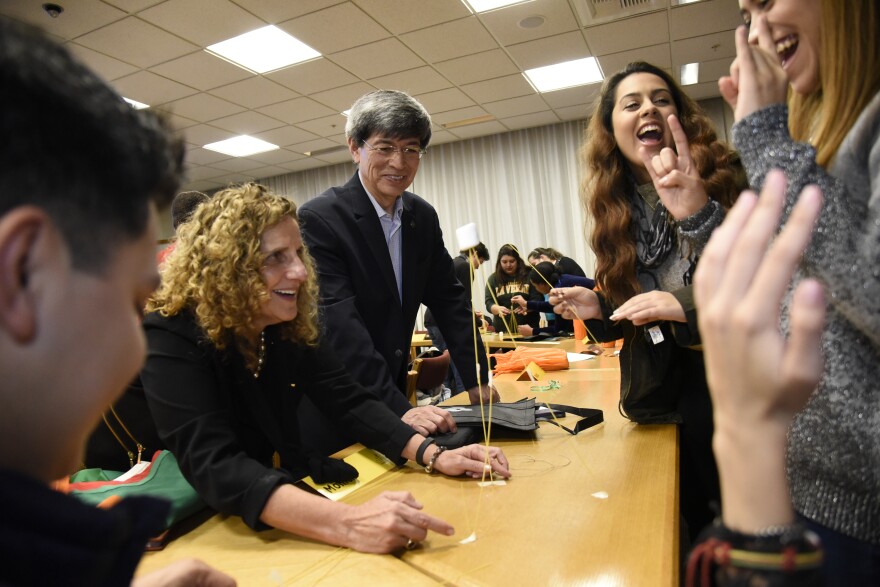 Students of the "Leadership and Culture: Building Bridges" class participate in a team building exercise. The class enrolls students from the University of La Verne and CETYS university in the Tijuana area. 