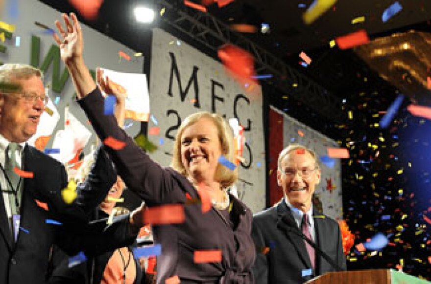 California Republican Party gubernatorial candidate Meg Whitman and her husband Griffith Harsh (R) celebrate during her primary election night party at the Hilton Hotel in Universal City, California July 8, 2010.