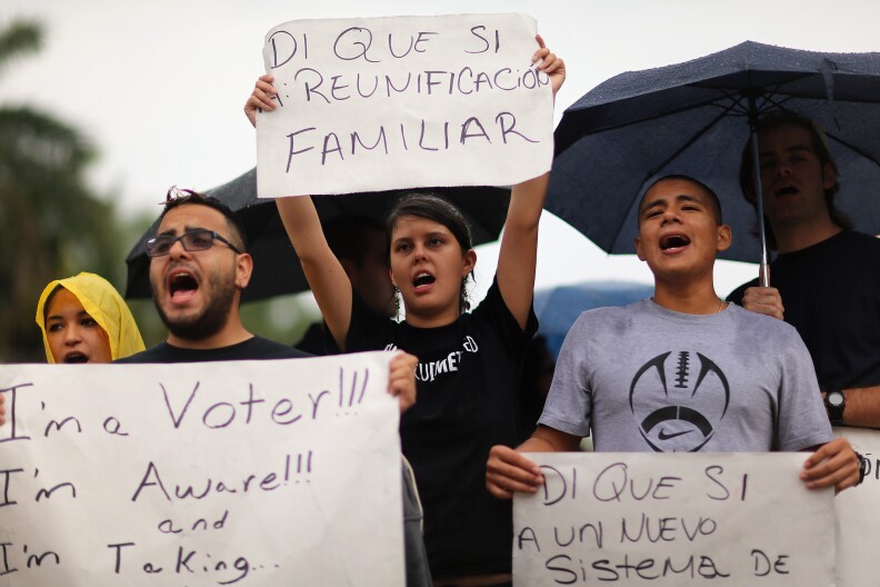 Protestors demonstrate near U.S. Senator Marco Rubio's (R-FL) fundraiser, Weekend at the Biltmore for the Rubio Victory Committee at the Biltmore hotel on April 5, 2013 in Coral Gables, Florida. The protesters from the Florida Immigrant Youth Network joined with others to request that Senator Marco Rubio work on getting the Immigration Reform bill passed. 