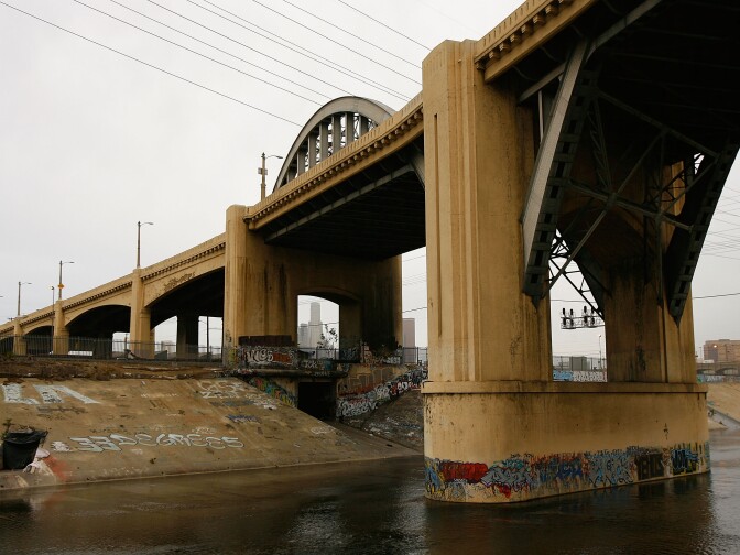 The 6th Street Bridge, seen here on February 21, 2008, spans the Los Angeles River. Eleven bridges that span the river were declared Historic-Cultural Monuments by the Los Angeles City Council on January 30, bringing the total number of LA River bridges to receive the designation to 14. The bridges, built between 1909 and 1944, are regularly seen in film and television shows.