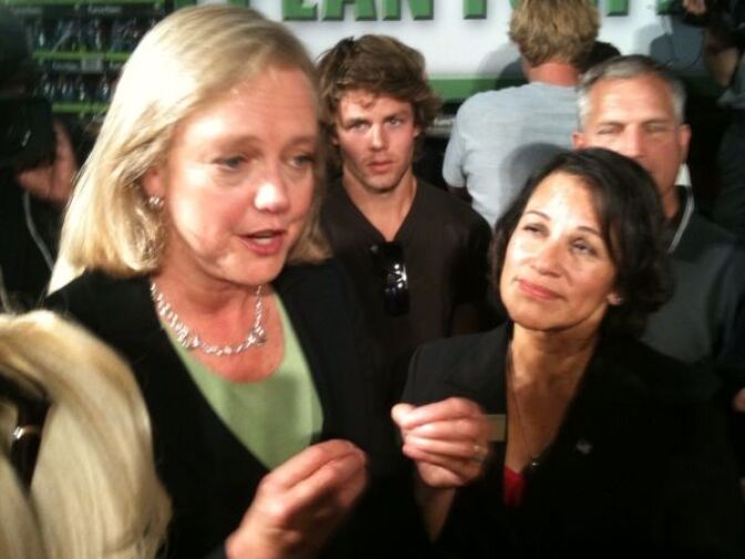 Meg Whitman talks to supporters after an event in Culver City, Sept. 14, 2010.