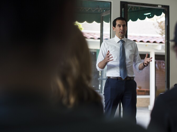 California 25th Congressional District candidate Bryan Caforio speaks with canvassers at the Democratic Party Headquarters in Newhall, Calif. on Tuesday afternoon, Nov. 1, 2016 during a last push leading up to Election Day.