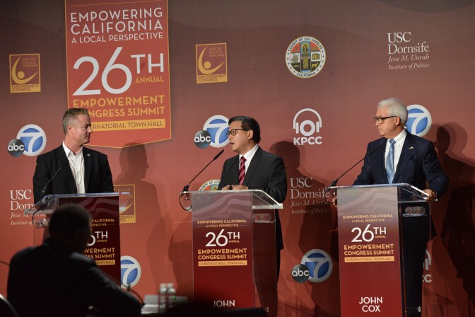 From left gubernatorial candidates Travis Allen, John Chiang and John Cox on stage at the 26th Annual Empowerment Congress Summit at |USC on Jan. 13, 2018.