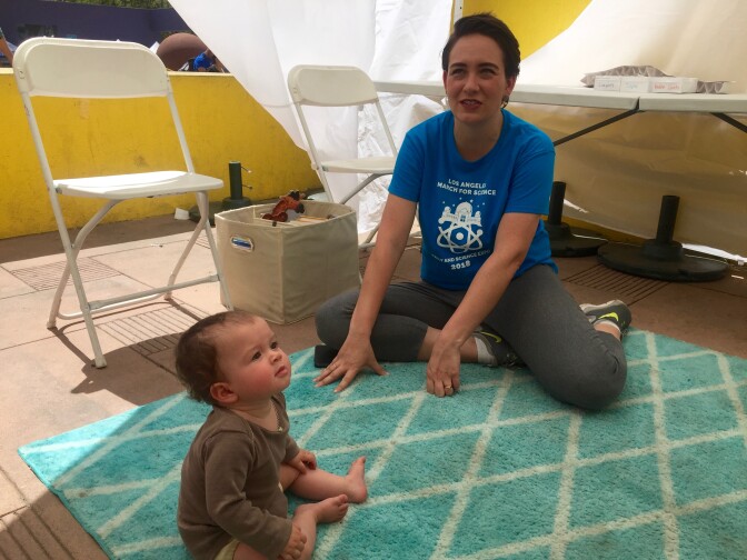 Galen hangs out with nine-month-old Ellison during the March for Science in L.A. on April 14, 2018. Ellison’s mom, Kellie Kay, attended the March last year when she was pregnant with Ellison, so she knew where to go when she realized she didn’t pack wipes.