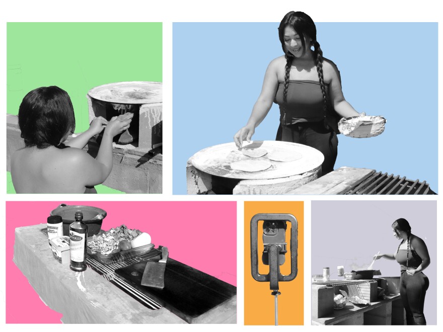 A photo illustration with different images of a woman engaging in a cooking process.