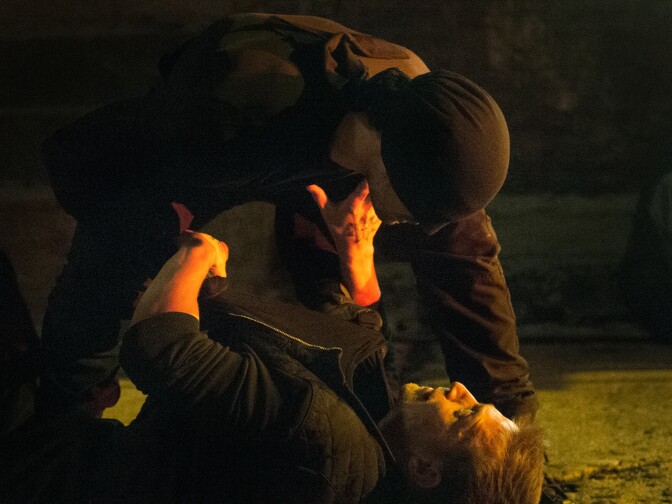 Charlie Cox as Matt Murdock and Paul Mann as Piotrin the Netflix Original Series “Marvel’s Daredevil.” 
 