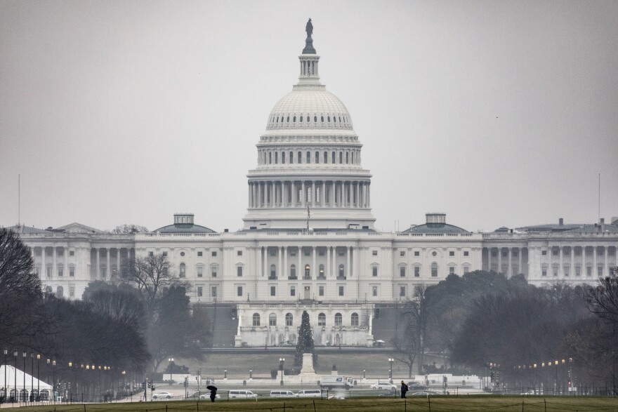 WASHINGTON, DC - DECEMBER 16: The U.S. Capitol is seen in the distance on a stormy morning on December 16, 2019 in Washington, DC. Washington is preparing for the House of Representatives to hold the historic vote on the Articles of Impeachment of President Donald Trump later this week. If the vote passes in the House, President Trump will become only the third sitting U.S. President to be impeached in the 243 year history of the United States. (Photo by Samuel Corum/Getty Images)
