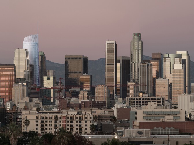 An artists rendering of the Wilshire Grand tower (in silver) as it would appear in the Los Angeles skyline.