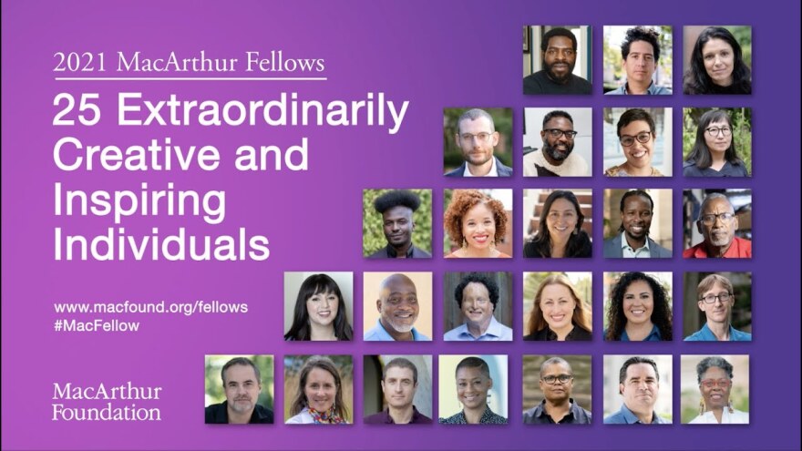 A montage of 25 photos of the 2021 MacArthur Fellows on a purple background.