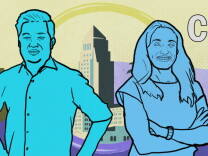 An illustration shows David Ryu (left) and Nithya Raman (right) with L.A. City Hall behind them.
