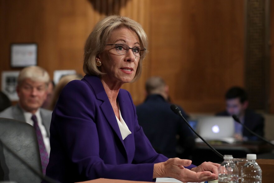WASHINGTON, DC - JANUARY 17:  Betsy DeVos, President-elect Donald Trump's pick to be the next Secretary of Education, testifies during her confirmation hearing before the Senate Health, Education, Labor and Pensions Committee in the Dirksen Senate Office Building on Capitol Hill  January 17, 2017 in Washington, DC. DeVos is known for her advocacy of school choice and education voucher programs and is a long-time leader of the Republican Party in Michigan.  (Photo by Chip Somodevilla/Getty Images)