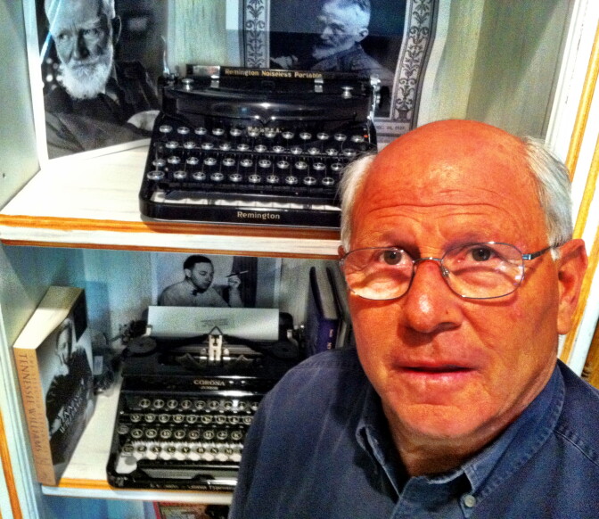 Steve Soboroff and two typewriters from his collection.