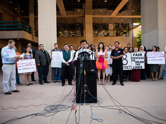 Martin Lopez, representing a local hotel workers union, addresses the press during the July 31, 2012 press conference in which community members called for the City Council to address the lack of Latino leadership at Anaheim City Hall.