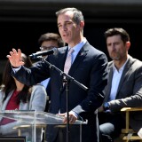 LOS ANGELES, CA - APRIL 18:  The Mayor of Los Angeles Eric Garcetti speaks to fans and media during the ribbon cutting ceremony for the new home of the Los Angeles FC at Banc of California Stadium on April 18, 2018 in Los Angeles, California.  (Photo by Jayne Kamin-Oncea/Getty Images)