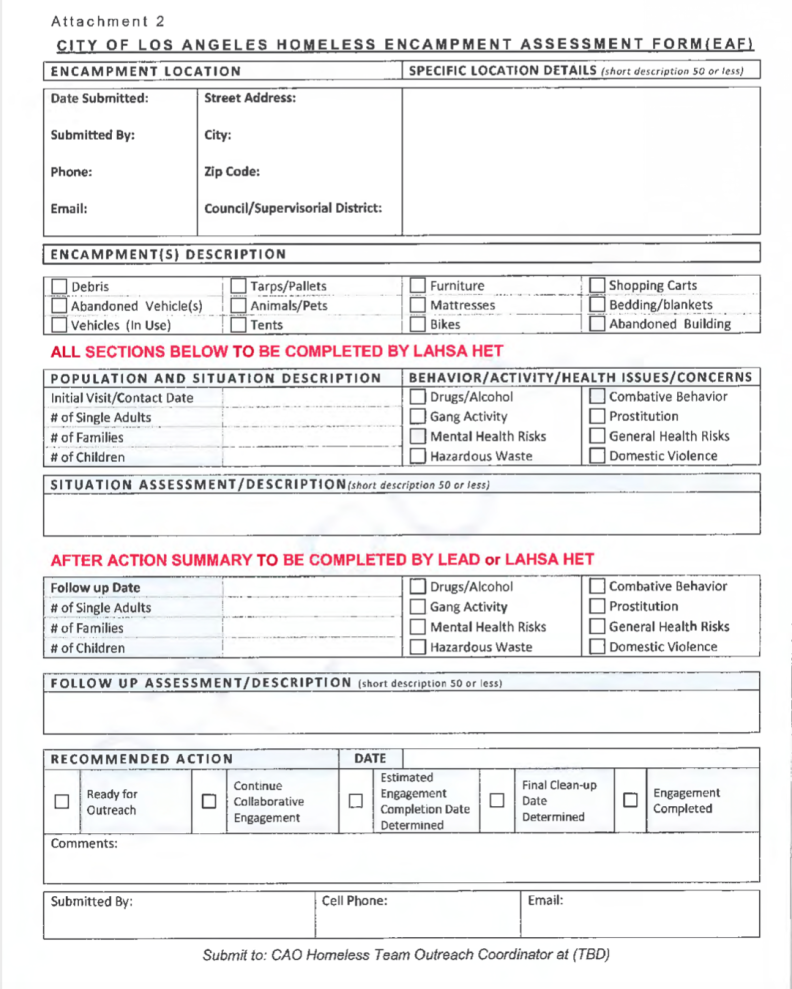 An example of the encampment assessment form used by LAHSA to document street engagement.