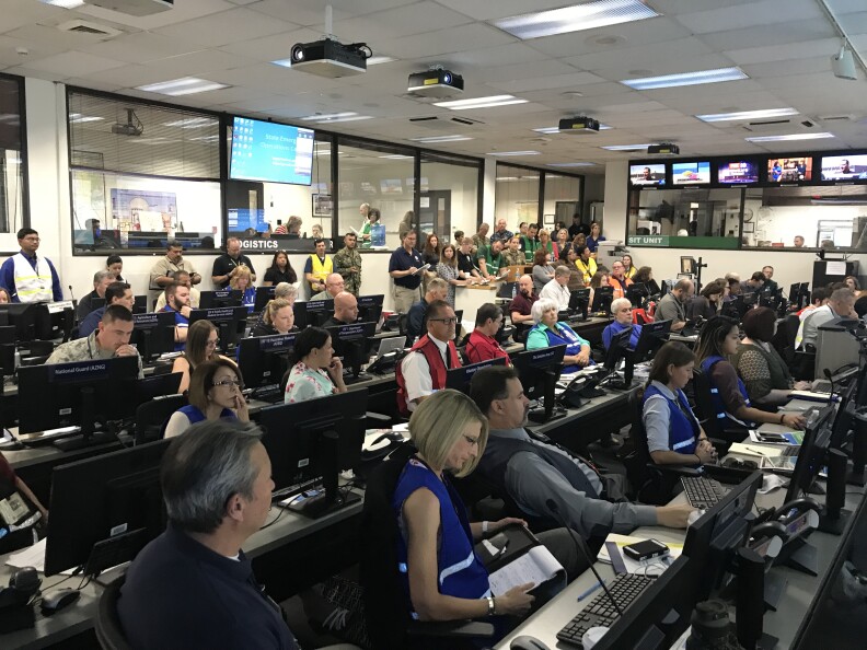 Morning briefing in the State Emergency Operations Center. Day three of Arizona's 2018 National Mass Care exercise.