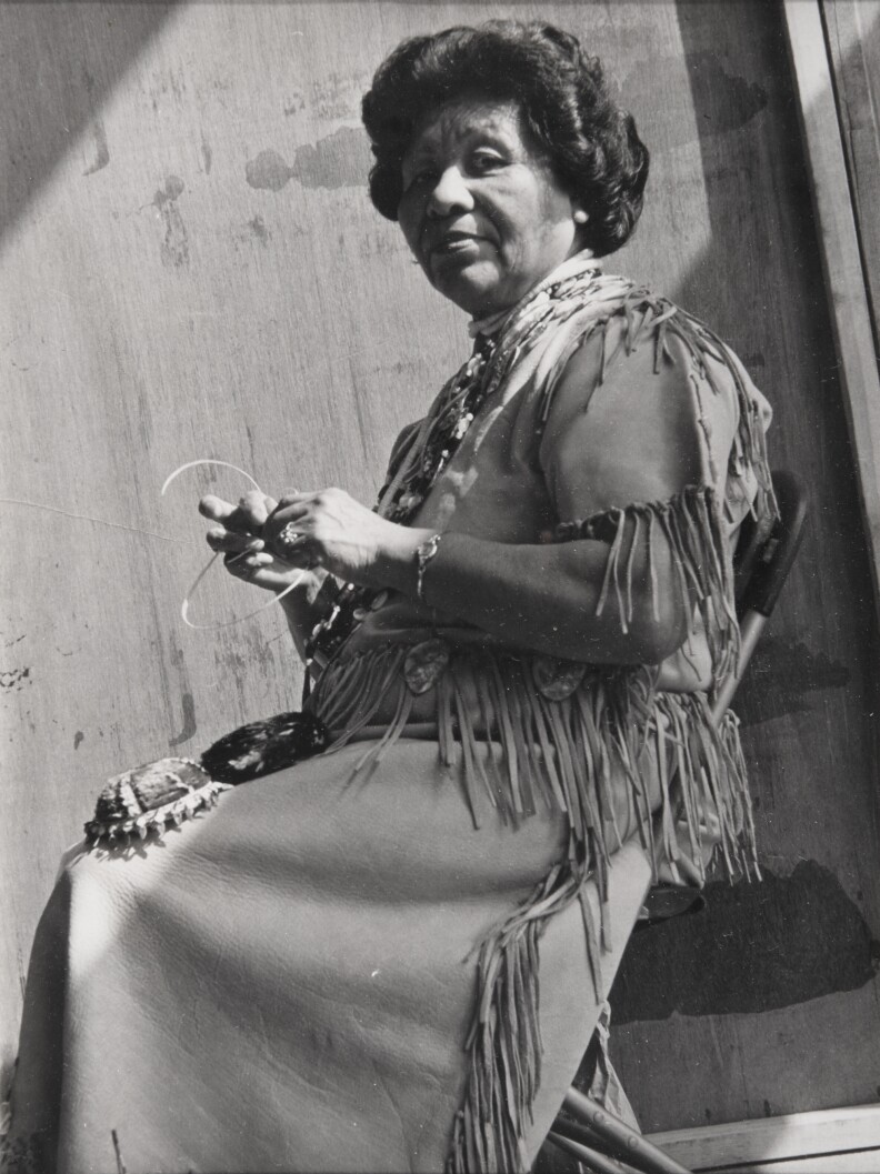 Photograph of Mabel McKay demonstrating basketweaving. Loan courtesy of Sharon Rogers and Marshall McKay.