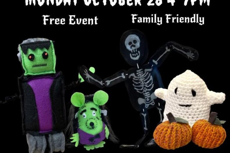 A digital poser for StitchSpace LA's "Halloween Open House." It features stitched Halloween-themed creations, including Frankenstein's monster, a ghost, a zombie mouse, a skeleton and pumpkins.