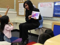 Assemblymember Blanca Rubio reads to preschoolers at Jeff Seymour Family Center in El Monte, after meeting with a roundtable of early educators to discuss her bill that aims to prevent preschool expulsions.