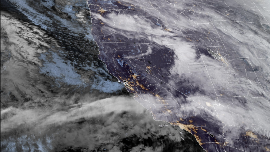 A satellite view of the cloud systems near the U.S. West Coast on Monday.