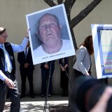 SACRAMENTO, CA - APRIL 25:  A photo of accused rapist and killer Joseph James DeAngelo is displayed during a news conference on April 25, 2018 in Sacramento, California. Sacramento district attorney Anne Marie Schubert was joined by law enforcement officials from across California to announce the arrest of 72 year-old Joseph James DeAngelo who is believed to be the the East Area Rapist, also known as the Golden State Killer, who killed at least 12, raped over 45 people and burglarized hundreds of homes throughout California in the 1970s and 1980s.  (Photo by Justin Sullivan/Getty Images)