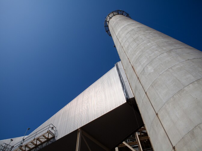 View of one of the two steam venting stacks at the AES power plant in Huntington Beach.
