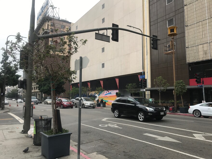 The yellow decommissioned cold war era siren on the corner of Winston and Main streets in downtown Los Angeles. Performances from the Walt Disney Concert Hall were broadcast from this siren and others across the downtown. The music was composed by Annie Gosfield. Photo credit: Adriana Cargill