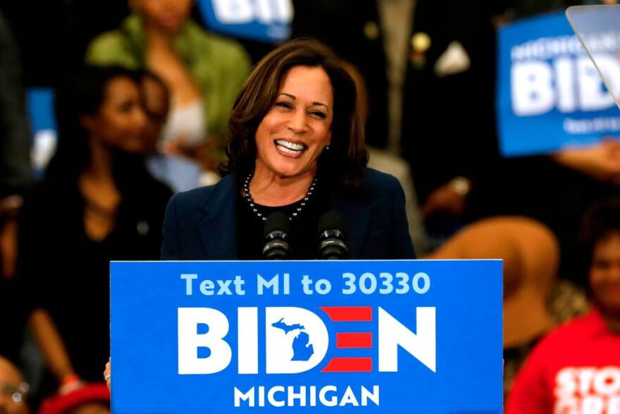 California Senator Kamala Harris endorses Democratic presidential candidate former Vice President Joe Biden as she speaks to supporters during a campaign rally at Renaissance High School in Detroit, Michigan on March 9, 2020. (Photo by JEFF KOWALSKY / AFP) (Photo by JEFF KOWALSKY/AFP via Getty Images)