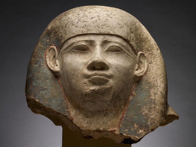Fragment of a sarcophagus (stone coffin) of Late–Ptolemaic Egypt (664–30 BC). The entire limestone sarcophagus would have weighed several thousand pounds. The sarcophagus once held inside a wooden coffin and a mummy, and all three may have once been placed inside a larger stone box.