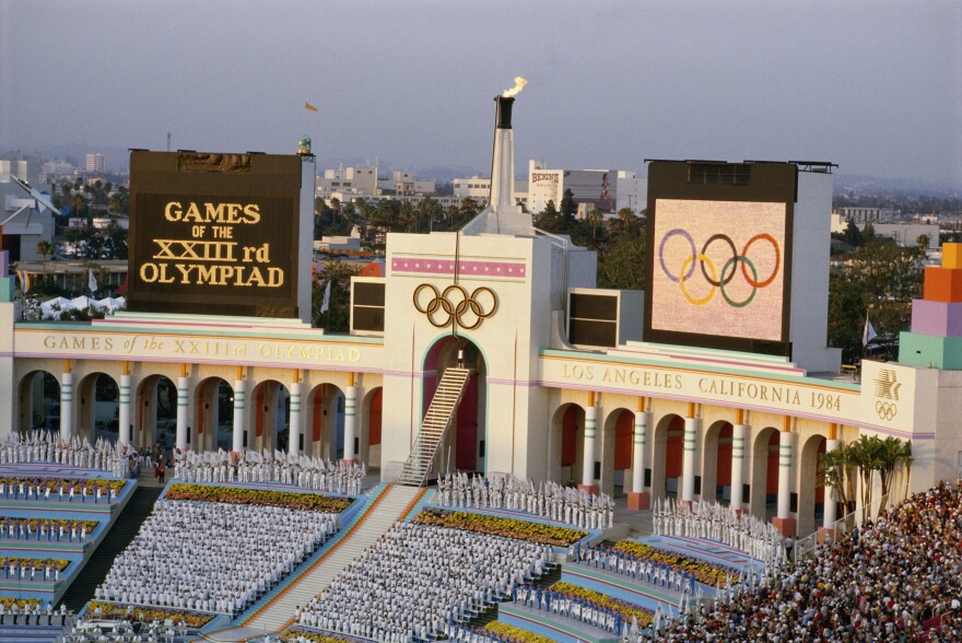 28 JUL 1984:  AN OVERVIEW OF THE OPENING CEREMONY AT THE LOS ANGELES COLISEUM DURING THE LIGHTING OF THE OLYMPIC FLAME OF THE 1984 SUMMER OLYMPICS.