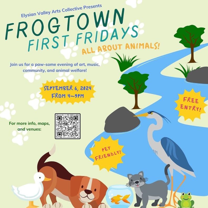 An illustrated digital poster for Frogtown First Fridays' "All About Animals" event. It features art of a duck, dog, fish in a fishbowl, cat, stork and a green frog.