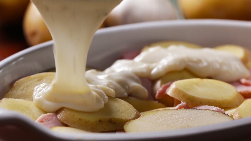 Béchamel sauce made from scratch with milk, butter, flour, salt and pepper.