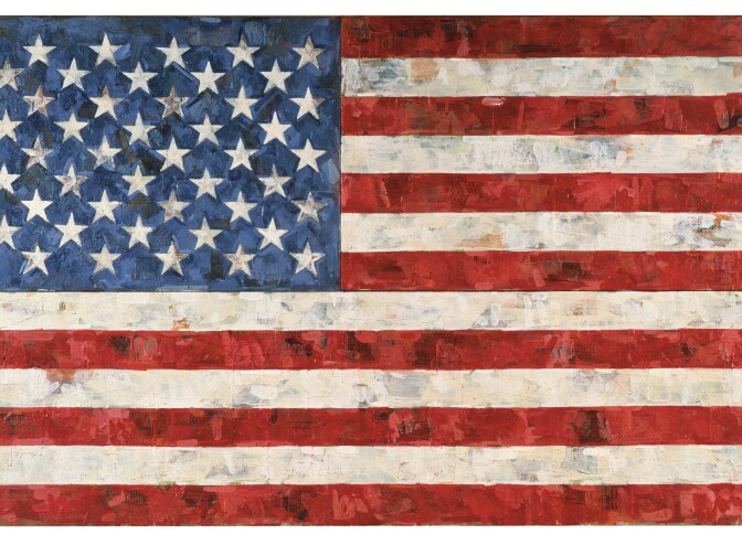 Jasper Johns, Flag, 1967. Encaustic and collage on canvas (three panels). Broad Collection