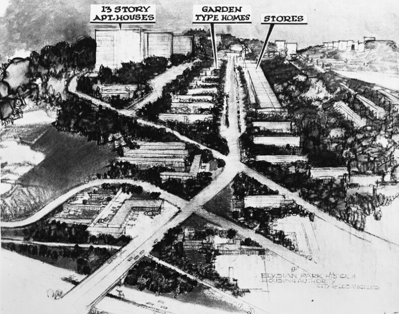 Circa 1952: "Artist's sketch of Chavez Ravine, one of the three proposed projects in Elysian Park that the mayor is expected to ask to be abandoned." Courtesy of the Los Angeles Public Library