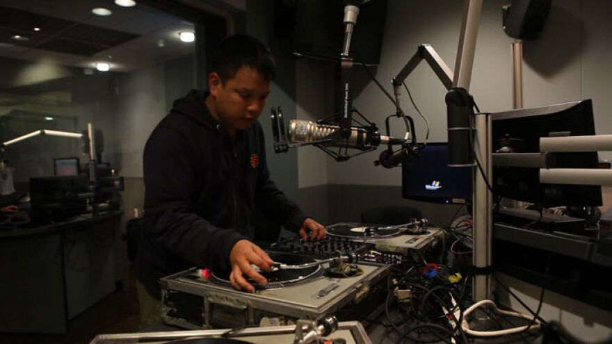 DJ Kid Koala performs "Hanky Panky" in the KPCC studio on Wednesday, Oct. 31. He will perform at the Echoplex on Thursday as part of his 12 Bit Blues Vinyl Vaudeville Tour.