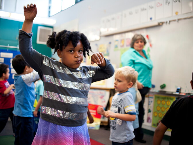 A student takes part in a jazz dance during a music class taught by Kerri Glickman at El Rincon Elementary School.