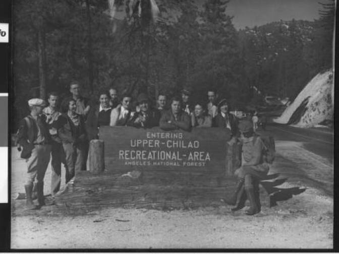 Photograph of the Roamer Hiking Club at Upper Chilao Recreational Area in Angeles National Forest, ca.1930.